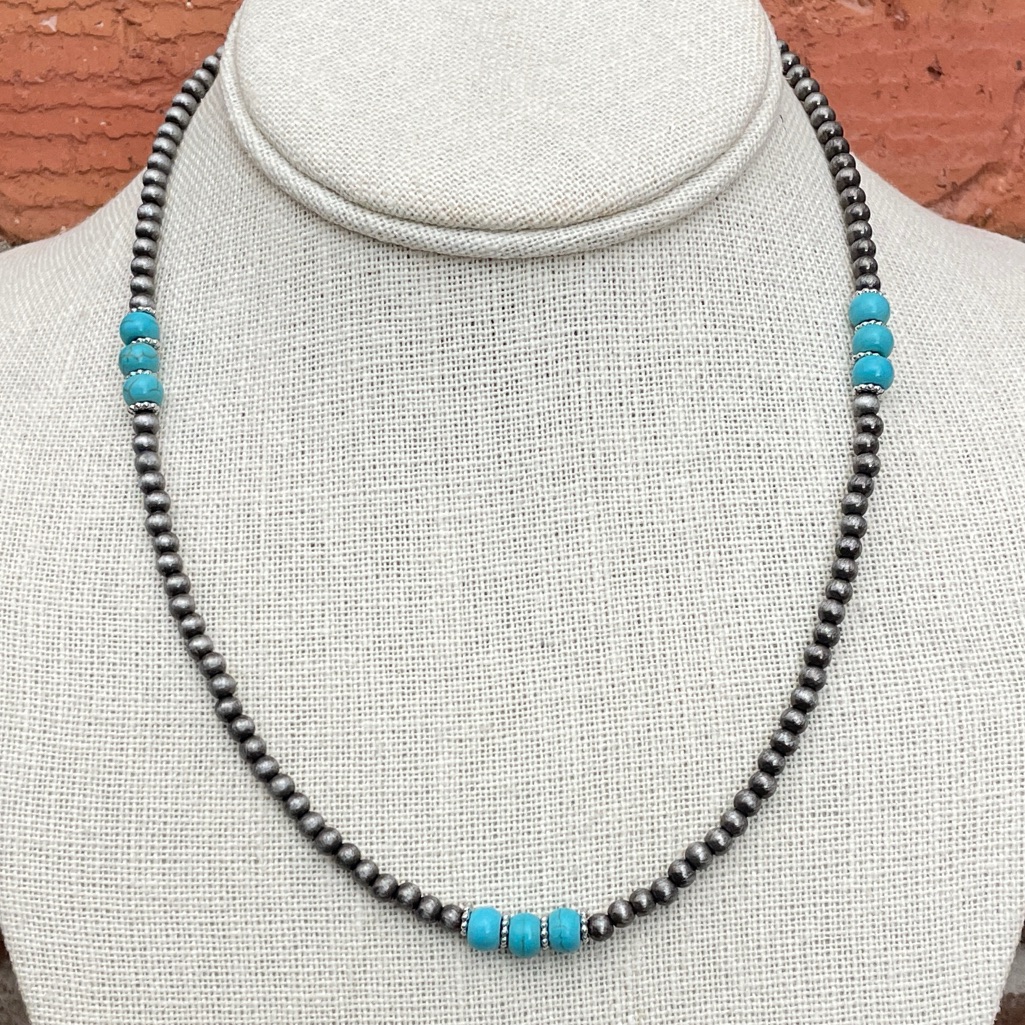Turquoise Triple Accent Navajo Style Pearl Necklace 26$